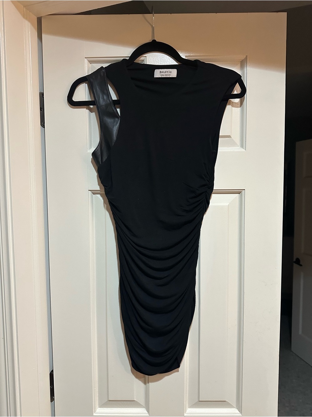 Bailey 44 Black Ruched Mini Dress with Faux Leather Shoulder